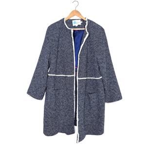 Boden Size 16 Navy White Tweed Longline Coat Jacket Cotton Blend Frayed Trim